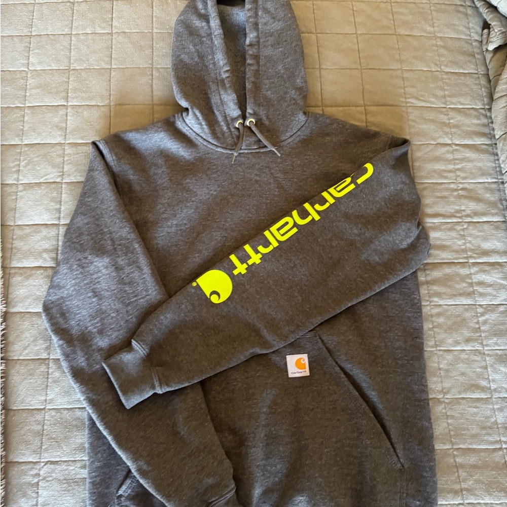 Carhartt Men's Grey Hoodie with Yellow Logo